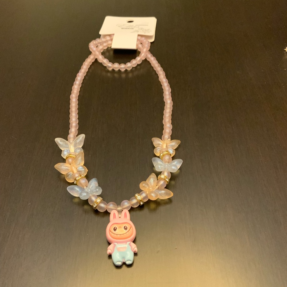 Ellas Kids Necklace with Pink Charm and Colorful Butterflies